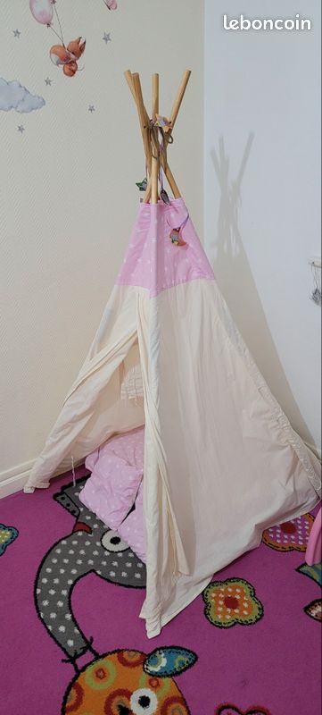 Springos Tente Tipi Enfants – 160x120x100 Cm – Coton Et Bois – Fenêtre Avec Volet – Tapis Et Coussin Inclus – Cabane Jeux