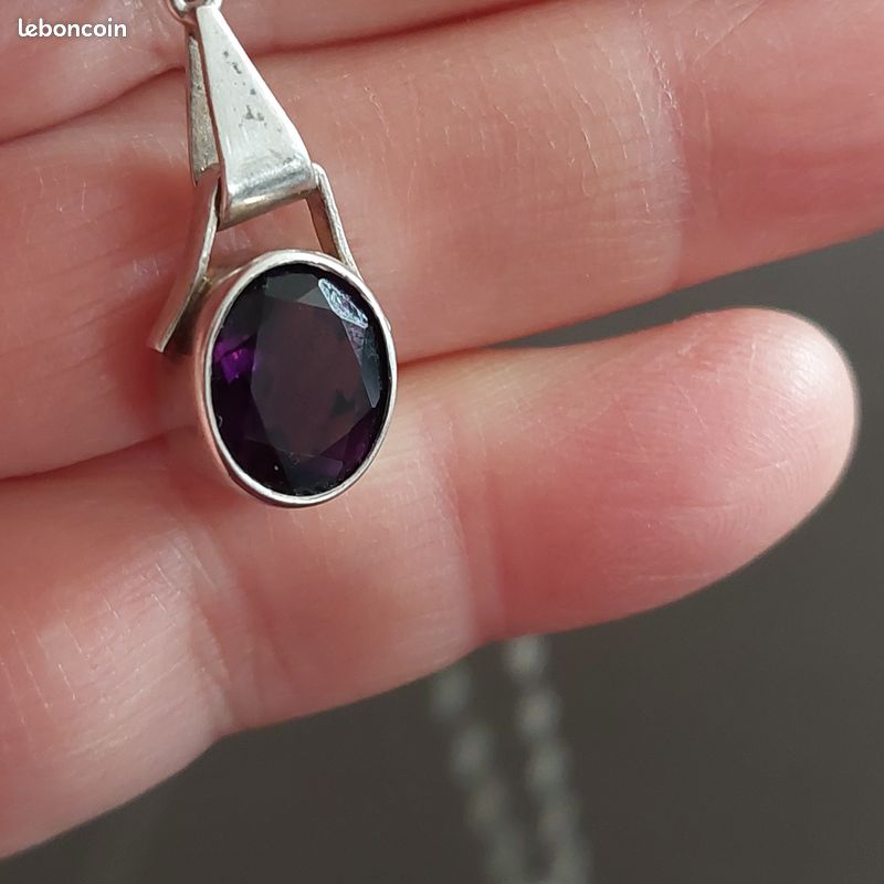Collier Pendentif En Argent Avec Améthyste - Bijou Vintage - Pierre Rare - Occasion