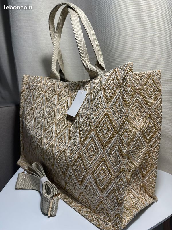Sac cabas en toile tissée beige et doré avec bandoulière - Neuf (image 5)