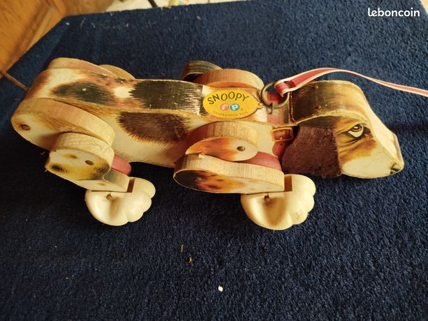Snoopy Ancien jouet en bois,mécanique 35 cm Fonctionne Numéroté USA