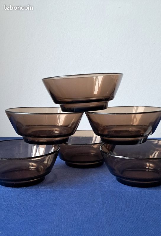 Lot De 6 Coupelles VERECO – Arcopal Marron Fumé – Vintage France – État Neuf De L'époque