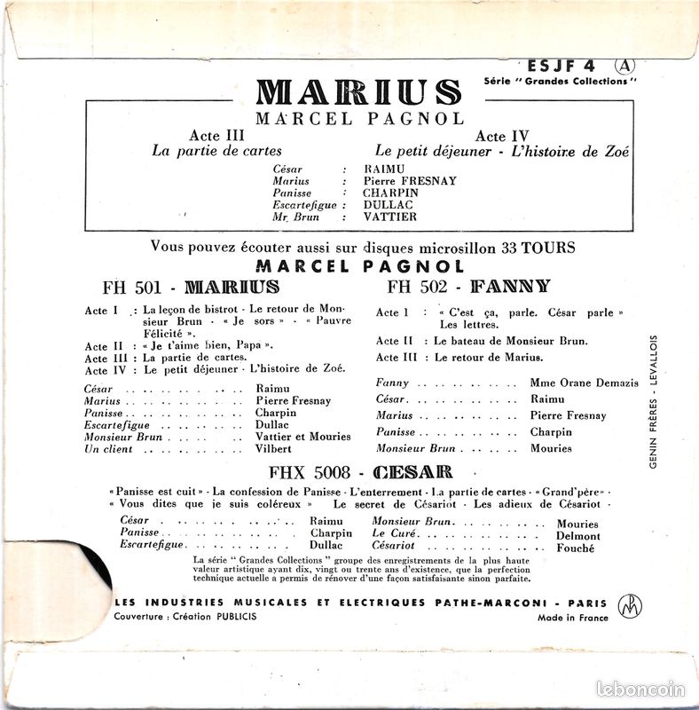 Marcel Pagnol - "Marius" : La Partie De Cartes / Le Petit Déjeuner / L'histoire De Zoé [Vinyle 45 tours 7" EP] 1956 (image 2)