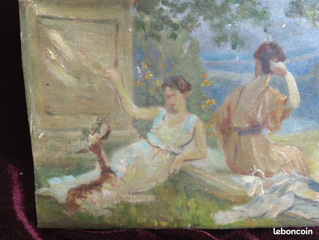 Petit Tableau Ancien Peinture Huile HST Ecole de Barbizon Paysage Campagne Scene de Genre Elegante Art Nouveau Belle Epoque Annee Folle Esquisse Pochade Chevre Chien Animal Animaux XIX 19 XX 20 (image 7)
