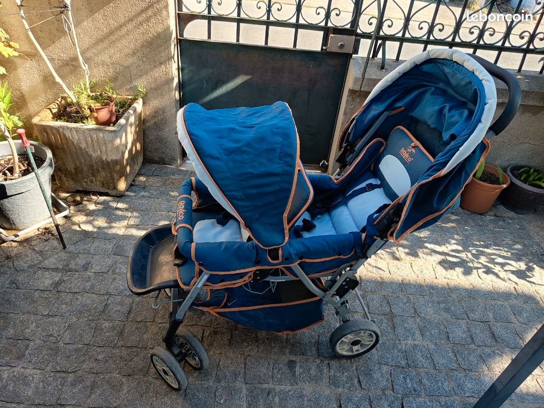Poussette double Raylco en longueur — Bleue et orange (image 1)