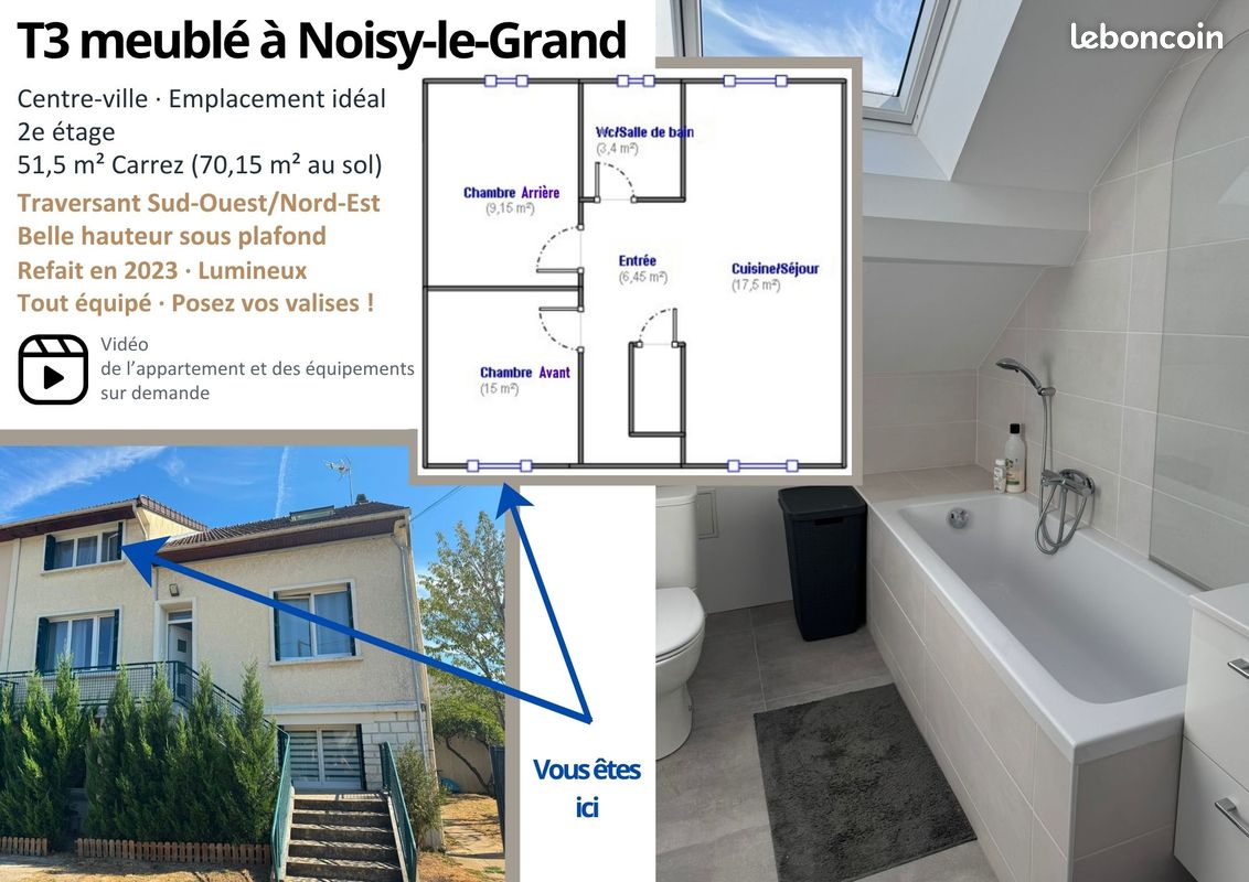 Appartement 3 pièces 52 m² · à Noisy-le-Grand · 51,5 m² · 1 350 €/mois