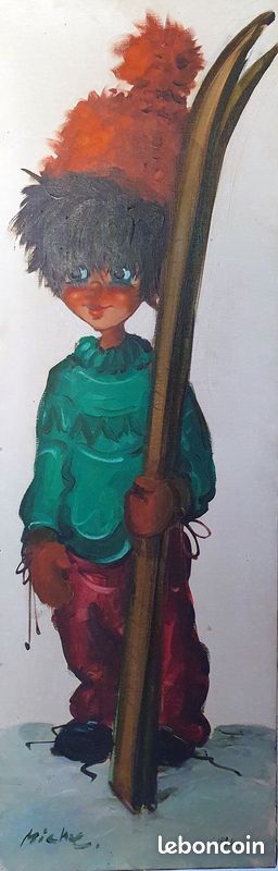 Michel THOMAS Poulbot au ski 1964 HUILE sur TOILE gamin gavroche de PARIS (image 3)