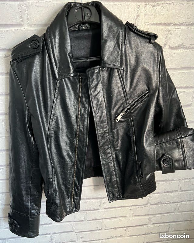 Blouson Cuir Type Perfecto - Taille 38, Noir, Style Moto - Occasion Très Bon état