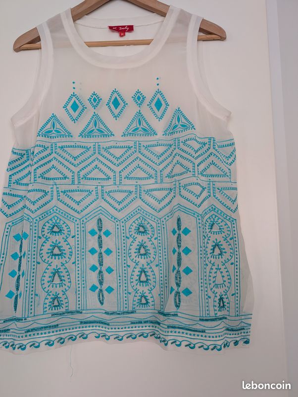 Haut été broderie et perles couleur turquoise taille M marque René Derhy (image 3)
