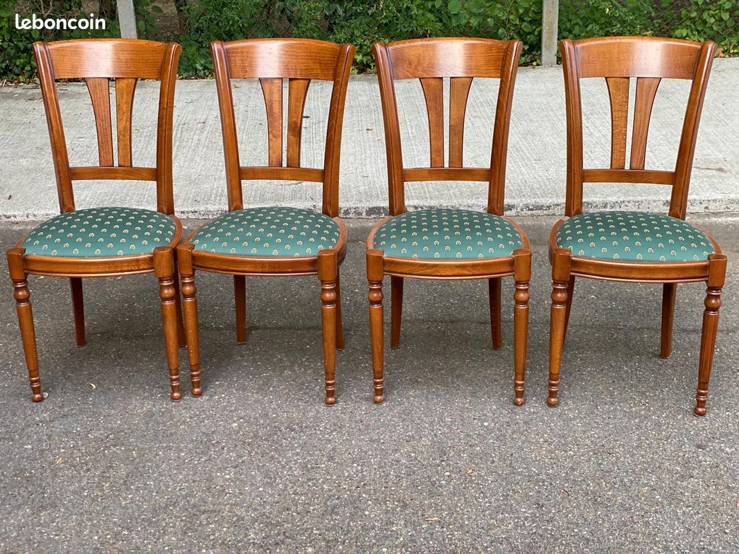 4 chaises de salle à manger en bois massif et tissu vert Louis Philippe 1980 (image 2)