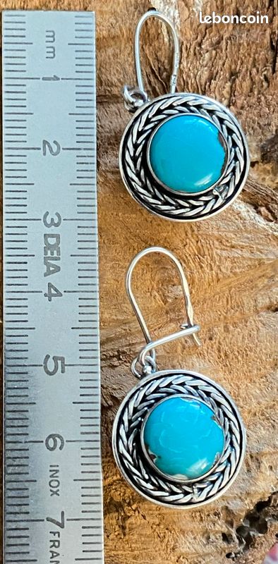 Boucles D'Oreilles Turquoise En Argent 925 - Pierres 7x9mm, Longueur 2,5cm, Hypoallergénique