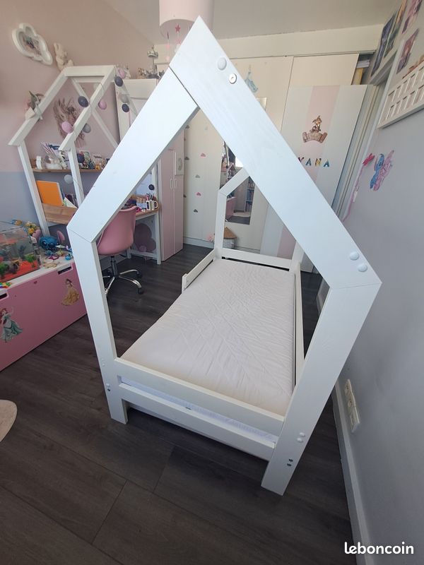Lit cabane enfant blanc 80x160 avec matelas, sommier et tiroir (image 8)