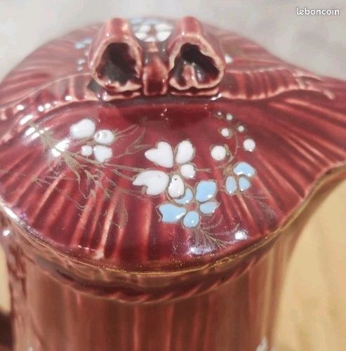 Ancien Rare Cafetière Rouge A Couvercle Barbotine Fleurs Émaillée KG LUNÉVILLE (image 14)