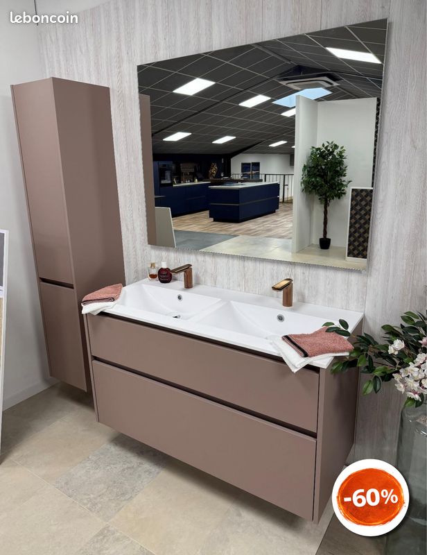 Meuble De Salle De Bains 120 Cm 6 Tiroirs Chêne Clair + Vasque Double Ceramique Noire Xenos 91159968