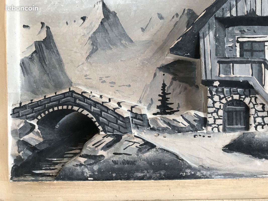 Tableau Ancien Aquarelle – Chalets à Langtons – Paysage Original De 1909