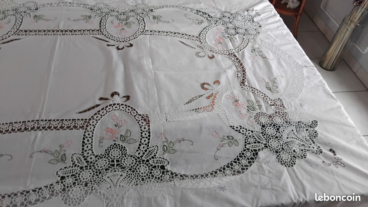 Nappe Vintage Rectangulaire En Coton Gris Et Vert