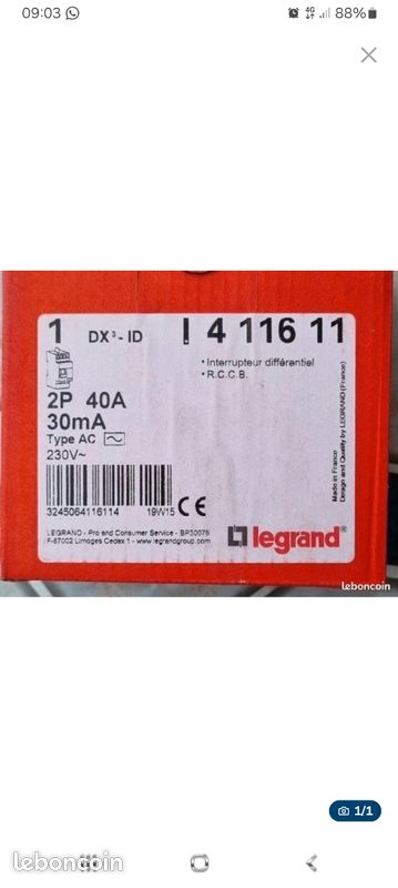 Disjoncteur Differentiel Legrand 40A 30MA Type A sur