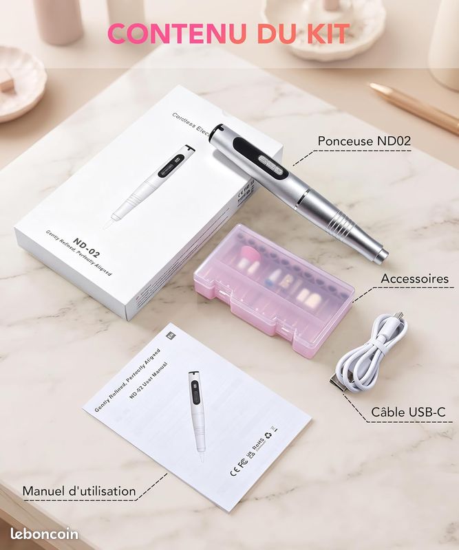 Ponceuse à Ongles Électrique Rechargeable USB-C 35000 RPM avec Écran LED Argentée (image 3)