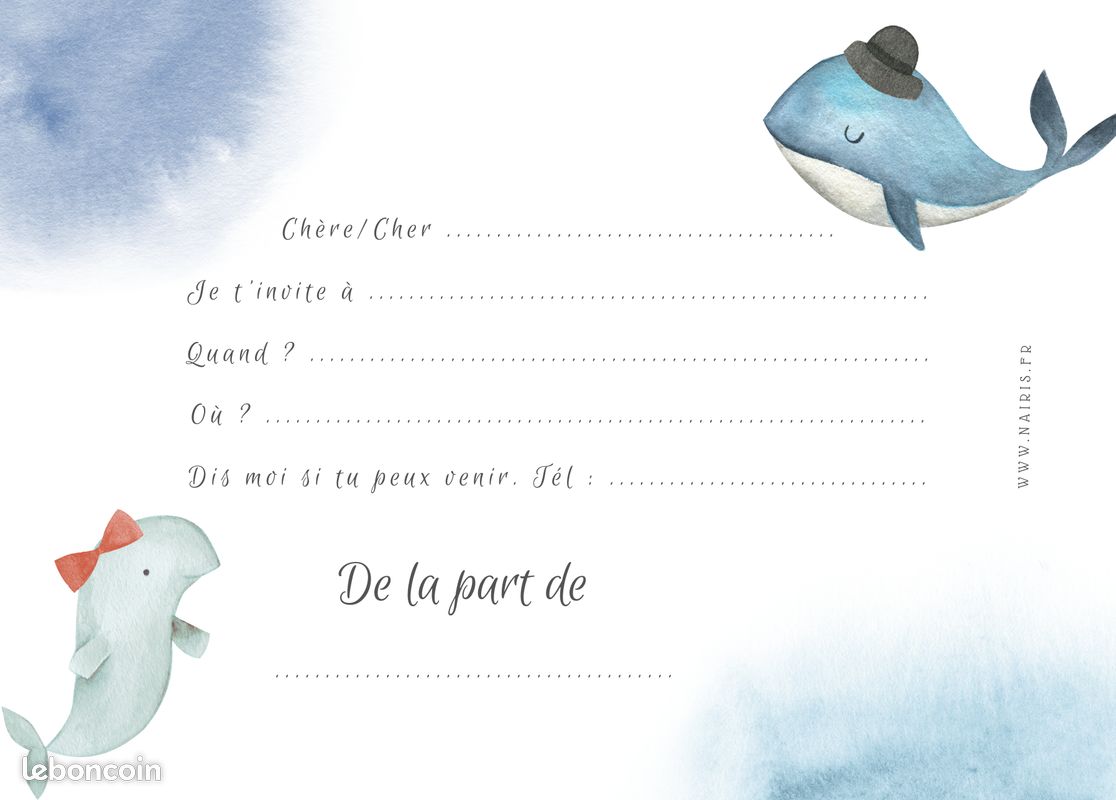 Lot de 8 cartes d'invitation anniversaire enfant - animaux de la mer aquarelle (image 3)