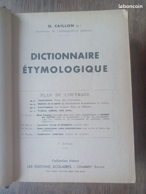 Ancien Dictionnaire Étymologique O. Caillon - Ed. Scolaires Chambéry (image 3)
