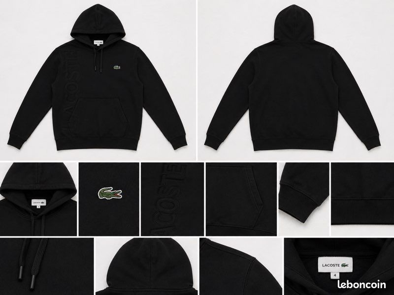 Sweat à capuche Lacoste Homme Noir – Logo relief – Taille 4 – Très bon état (image 1)