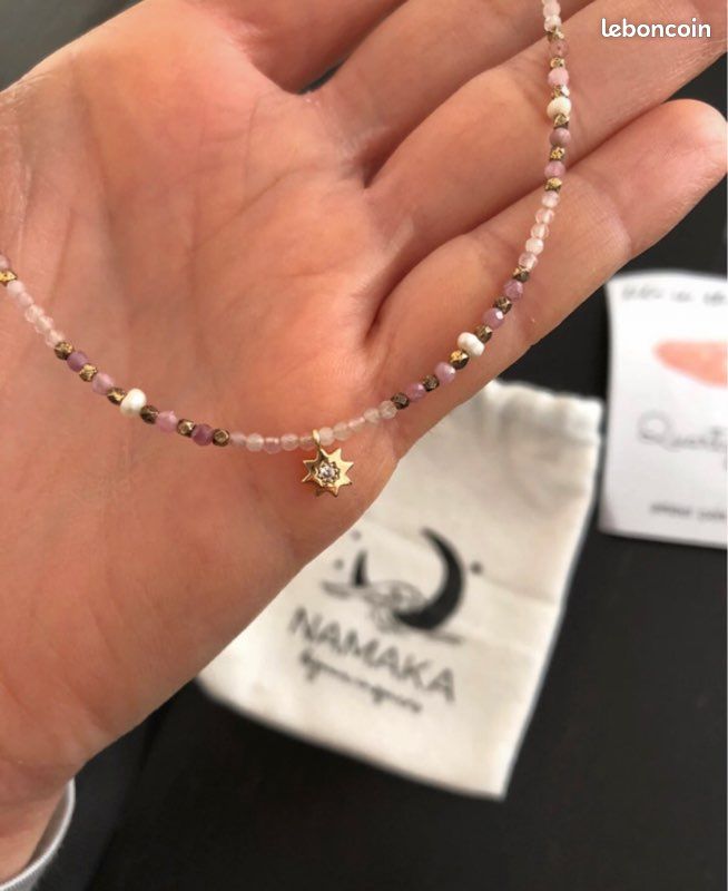 Collier en pierres naturelles quartz rose, tourmaline et perle (image 2)