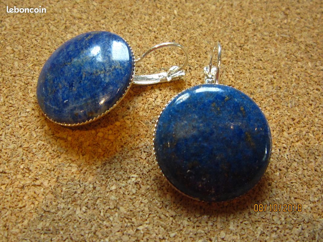 Boucles D'oreilles Dormeuses En Lapis Lazuli - Cabochon 25mm - Cuivre Argenté - Bijoux Neufs Avec étiquettes