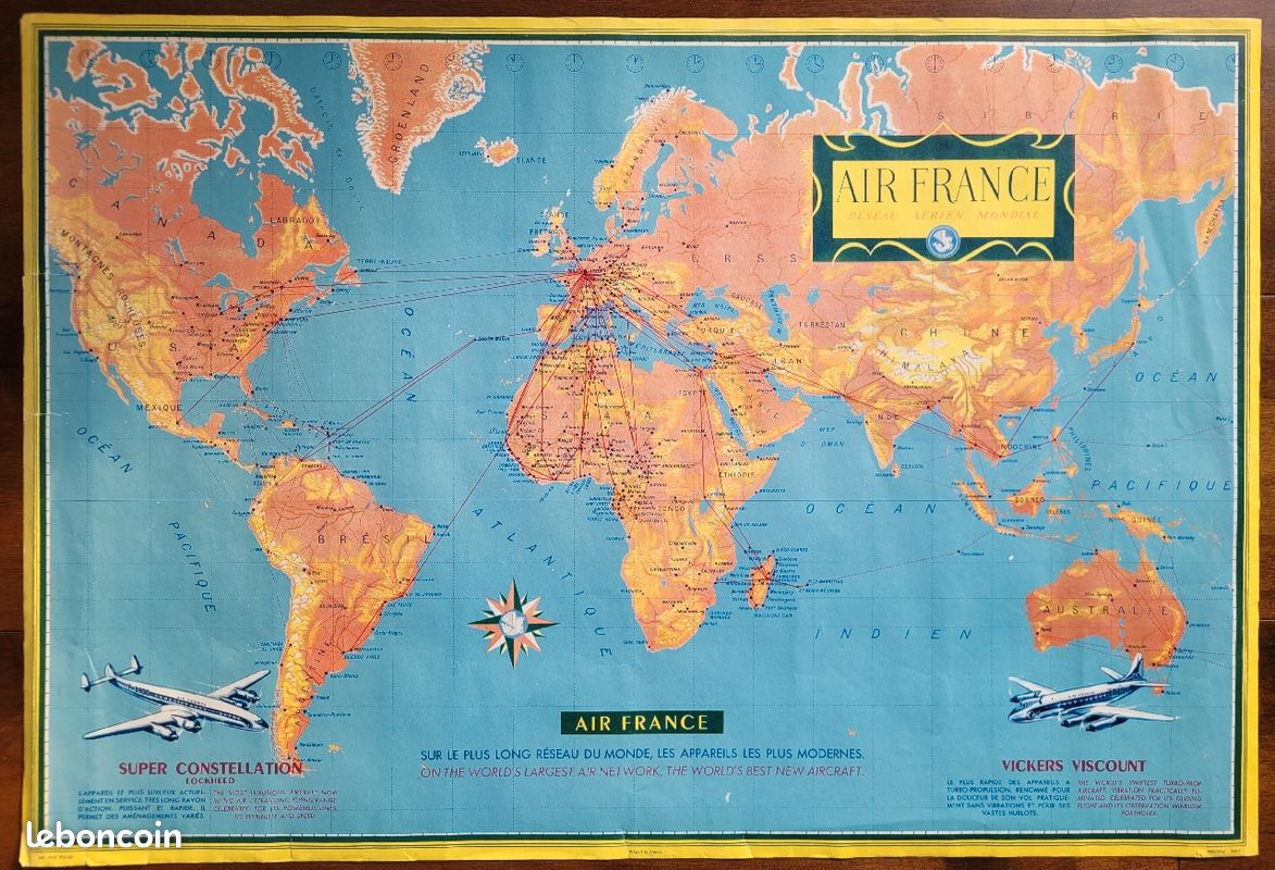 Affiche originale ancienne réseau aérien mondial AIR FRANCE 1956 (encadrement possible) (image 1)