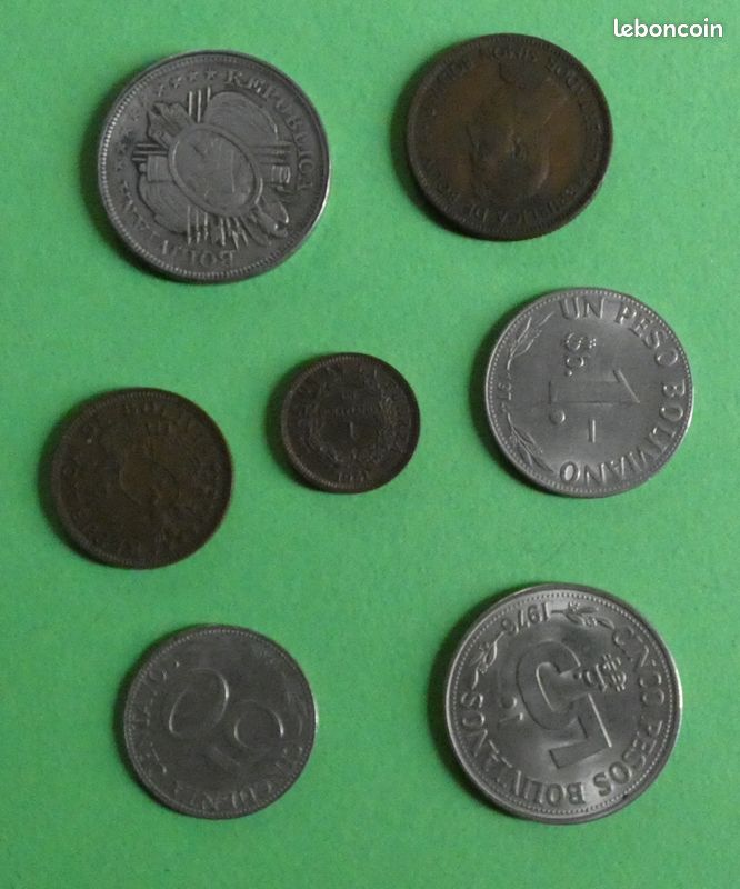 Lot de 7 pices de monnaie Bolivie. 50 centavos 1897, 1 boliviano 1951, 5  bolivianos 1951, 1 bolivar 1951, 50 centavos 1965, 1 peso boliviano 1974 et  5 pesos bolivianos 1976 - Collection