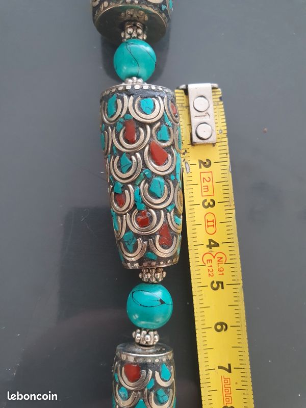 Collier Tibétain Antique En Turquoises Et Taquets Cloisonnés - Occasion, état Parfait