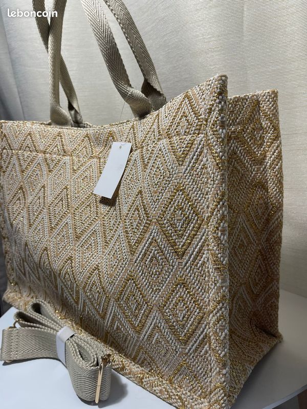 Sac cabas en toile tissée beige et doré avec bandoulière - Neuf (image 1)