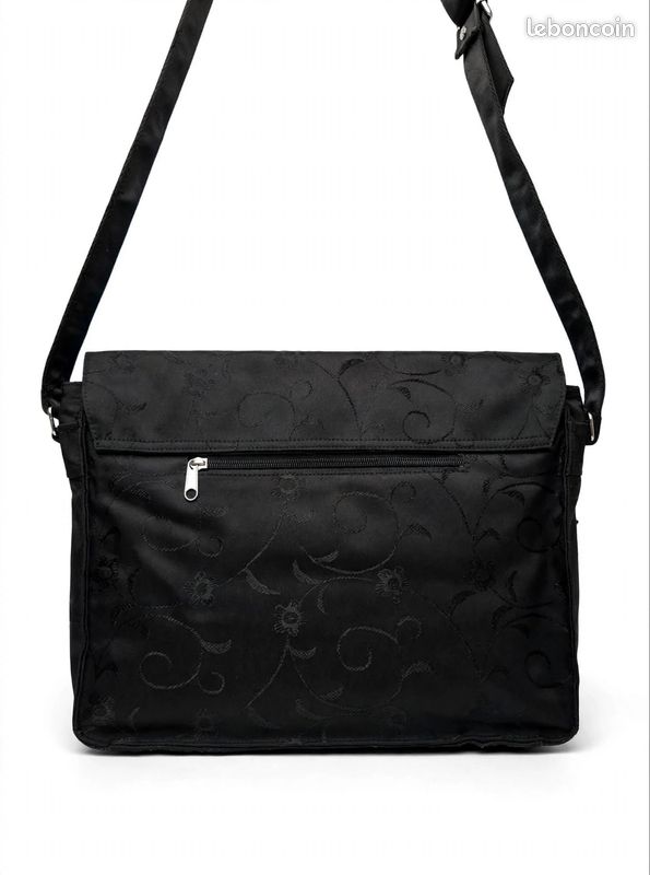 Sac bandoulière noir élégant à motifs fleuris – plusieurs poches (image 1)