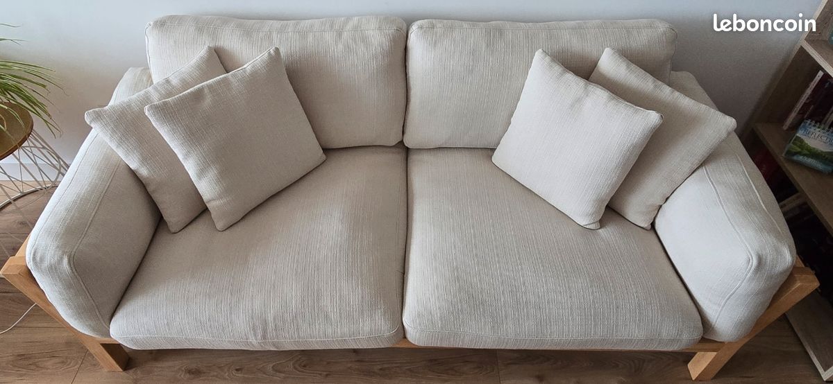 Canapé scandinave déhoussable 3 places en tissu blanc crème et bois clair KYO (image 5)