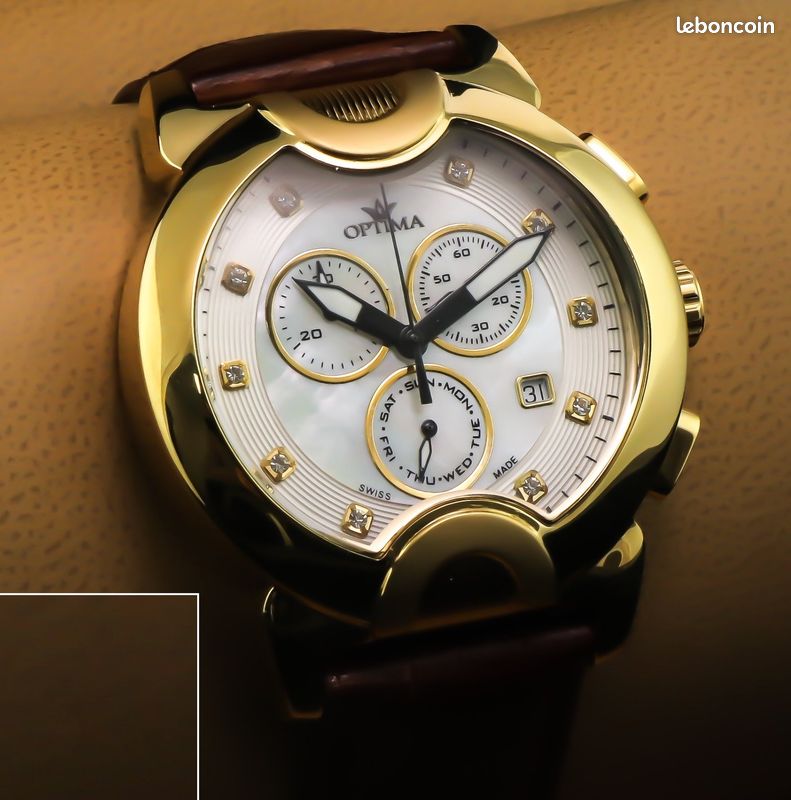 Montre Vintage Optima Big Eyes Chronographe - 17 Rubis - Plaqué Or - Années 1940 - À Réviser