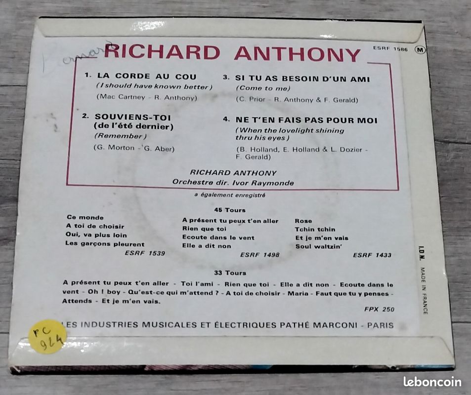 Vinyle 45 Tours 4 titres Richard Anthony La corde au cou (image 4)