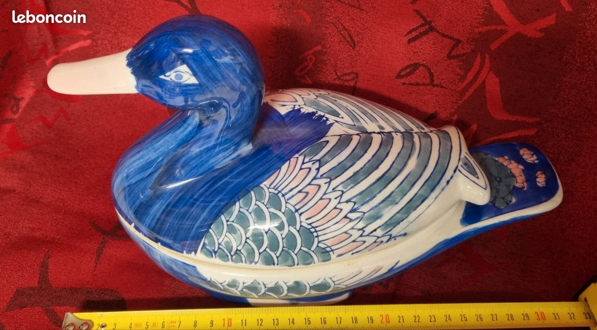 Soupière ou boîte à terrines faïence, porcelaine vintage en forme de canard bleu fabriquée en Chine (image 2)