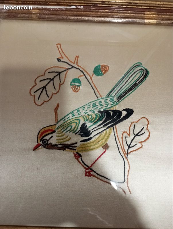 Lot De 3 Canevas Anciens Encadrés – Oiseaux Sur Branches – Déco Vintage