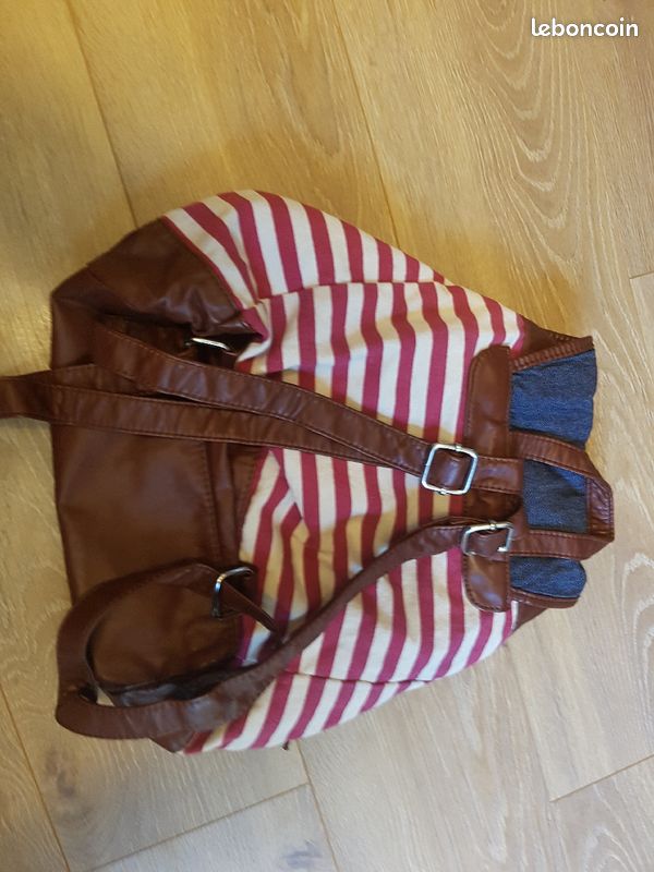 Sac rayé en cuir et tissu (image 2)