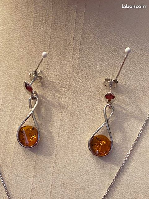 Neuf : Parure collier pendentif + boucle d'oreilles Argent 925/1000 + Ambre (PAR5) (image 3)