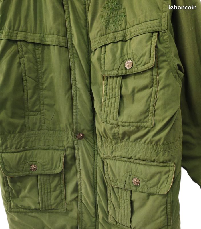 Manteau de ski vert matelassée vintage col doublé jaune, multiples poches taille L (image 4)
