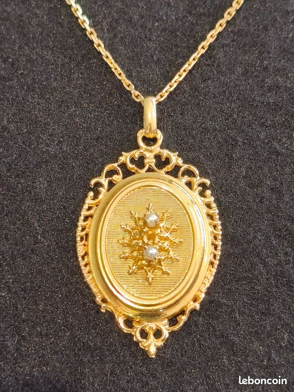 Chaîne Et Médaillon Vintage En Or Jaune 14 Carats Et Argent - Bijou Ancien Occasion à Personnaliser