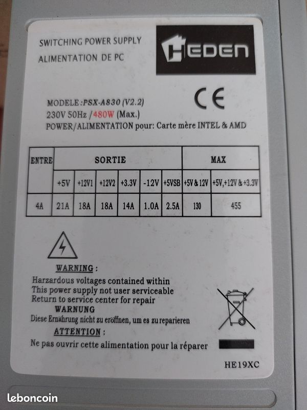 Vends alimentation pour PC fixe Eden PSX-A830 V2.2, puissance annoncée 480 W max (image 1)
