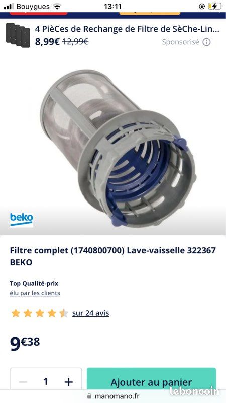 Filtro Lavastoviglie Beko Di Ricambio, Equivalente Al Codice Originale 1740800500