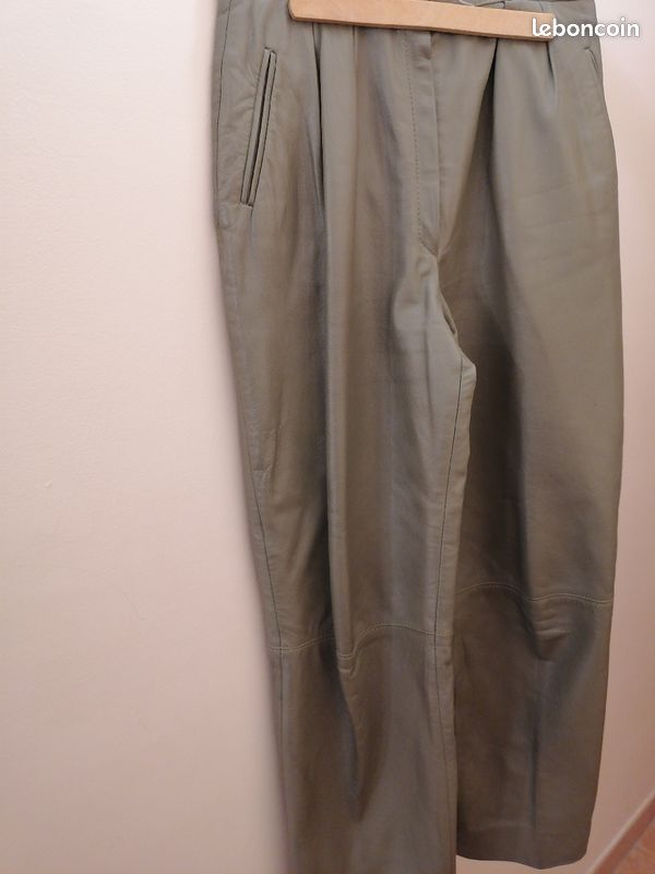 Pantalon en cuir véritable kaki (image 1)