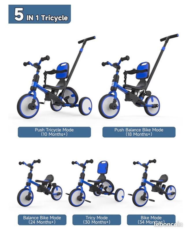 Tricycle évolutif 5-en-1 Pour Enfant De 1 à 5 Ans – Avec Sonnette, Poignée Poussable, Dossier Et Ceinture – Idéal Pour Débuter à Vélo En Toute Sécurité