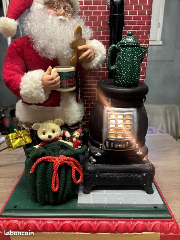 Père Noël Automate Cheminée Vintage avec Boite à Réparer Bel Aspect