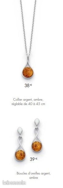 Neuf : Parure collier pendentif + boucle d'oreilles Argent 925/1000 + Ambre (PAR5) (image 6)
