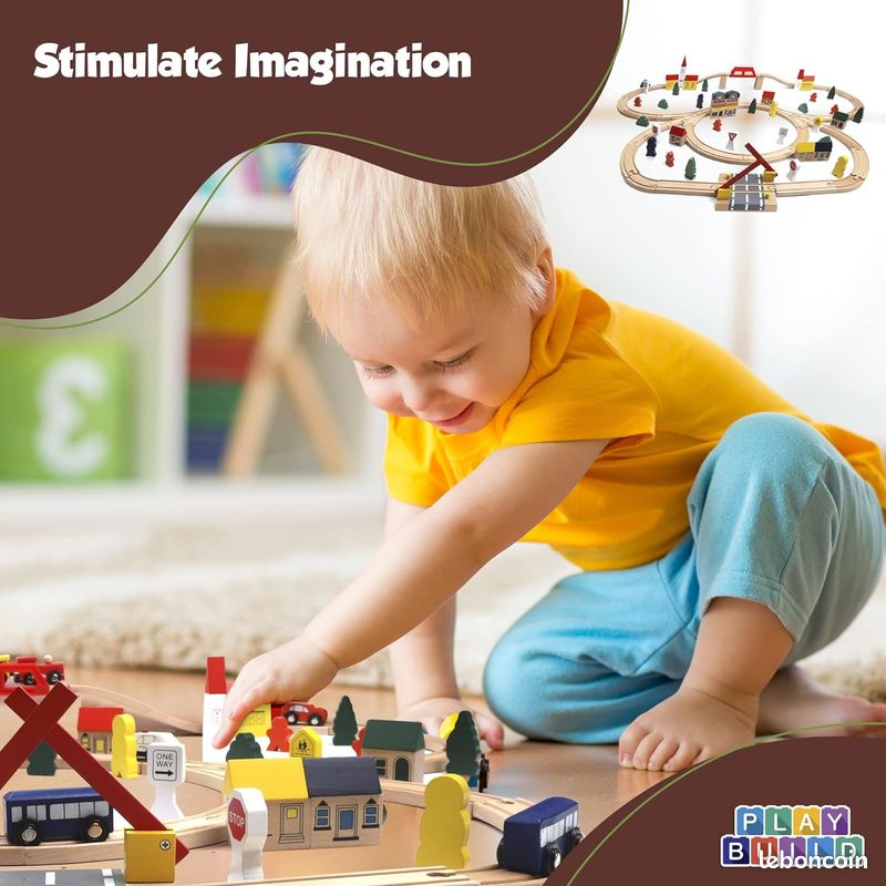 Play Build Ensemble De Train en Bois Enfant, Ensemble De Train Complet pour Tout-Petits, Ensemble De Jeu Et d'apprentissage Interactif De 100 Pièces, Conception Créative De Voie De Train Bois (image 2)