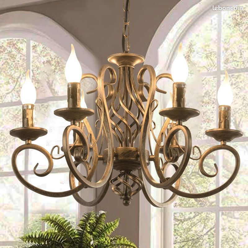 Ganeed Lustres de pays français, lustre en fer à bougie en bronze à 6 lumières, luminaire suspendu en métal Vintage éclairage suspendu pour îlot de cuisine, salle à manger, salon, Foryer (image 1)