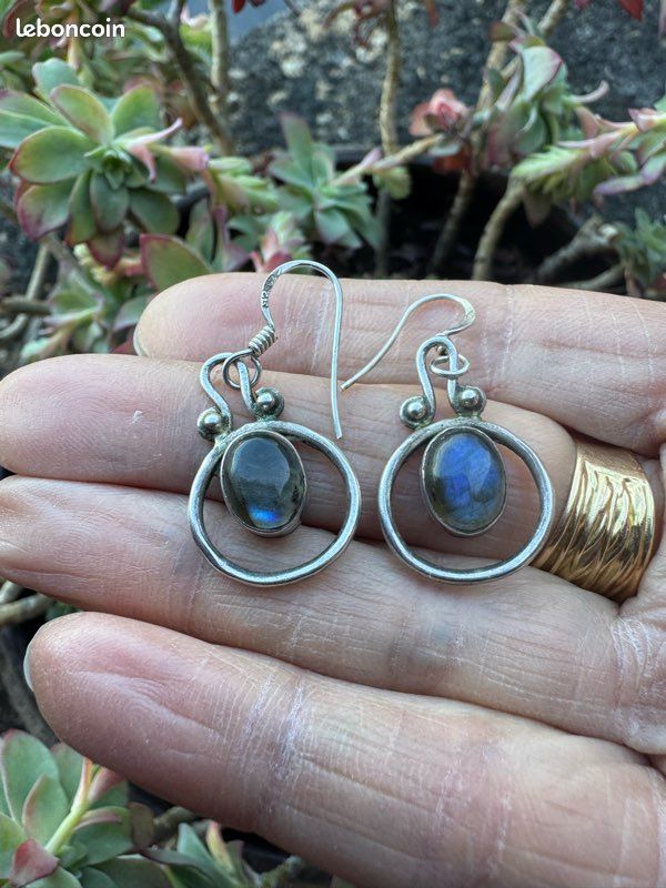 Boucles D'oreilles En Labradorite Bleue Et Argent Massif 925 - Forme Poire 20x12mm - Neuf Avec étiquettes