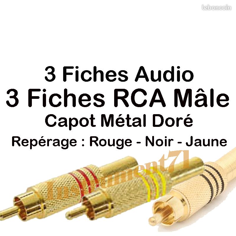 2 Fiches RCA Mâles Jaunes - Pour Câbles Audio, Soudure Facile, Blindage Qualité
